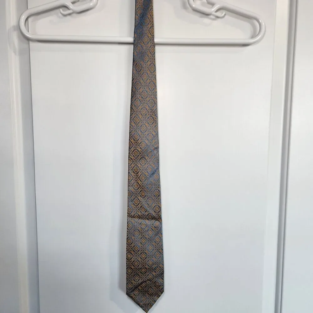Nino Orsini Designer Silk Tie Blue Gold Plaid Geometric Vintage 50s Mid Century